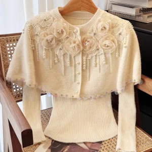 Heavy Beaded Flower Sequin Pearl Button Cape Shawl Knitted Set for Women Winter New High-End Elegant Slim Fit Two-Piece Set - AliExpress Sweaters&Jumpers