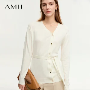 AMII Cardigan for Women 2025 Autumn New Chinese Style Knitting Cardigan Versatile V-neck With Belt Long Sleeve Tops 12323060 - AliExpress Sweaters&Jumpers