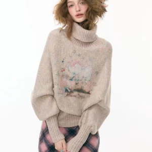 ZiziFei Autumn Winter High Neck Batwing Sleeve Printed Sweater Women's Lazy Style Knitwear Retro Series Loose Fit Long Sleeve - AliExpress Sweaters&Jumpers