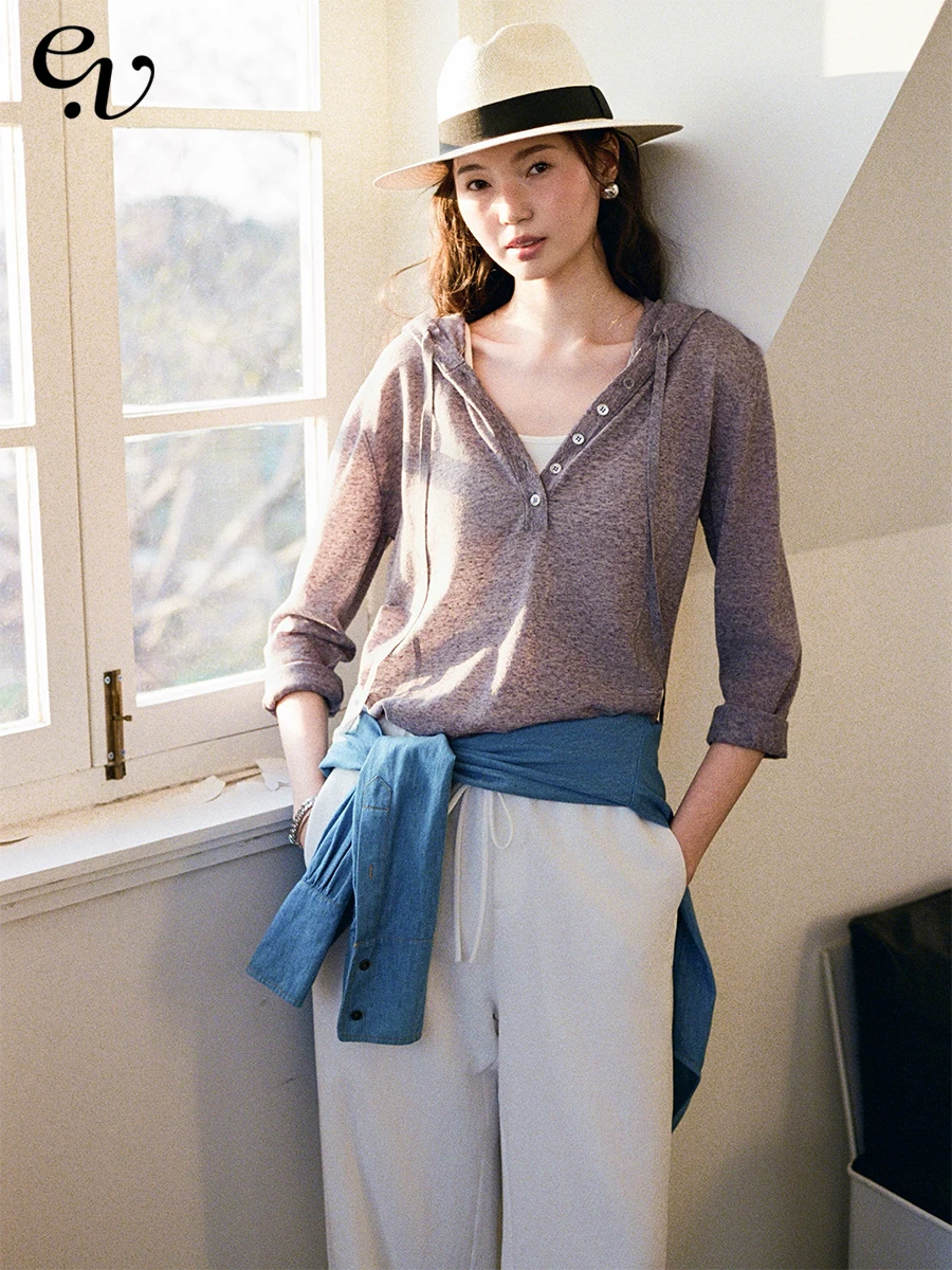 Even Vintage Linen Blend Lightweight Loose Fit Hoodie Knitwear V-Ne Casual Sle Women's Single Piece Spring Season Thin Model - AliExpress Sweaters&Jumpers