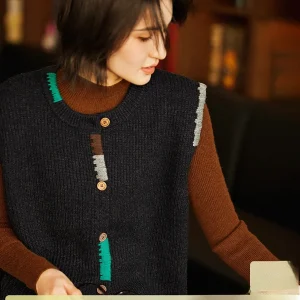 Warm Vintage Contrast Color Knitted Wool Camere Open Cardigan Vest Women's Casual Loose Fit Button Detail Autumn Winter - AliExpress Sweaters&Jumpers