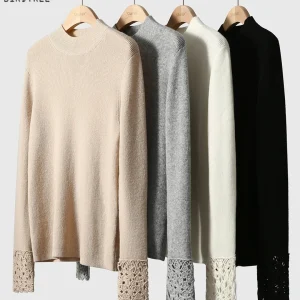 Birdtree 90% Sheep Wool 10% Cashmere Sweater,Woman Wool Blend Half High Collar Full Hollow Sleeve Autumn Knitwear Shirt T59214JF - AliExpress Sweaters&Jumpers