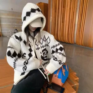 OPEN YY knitwear 2025 fashion casual loose elk rose jacquard zipper cardigan knitted sweater jacket - AliExpress Sweaters&Jumpers