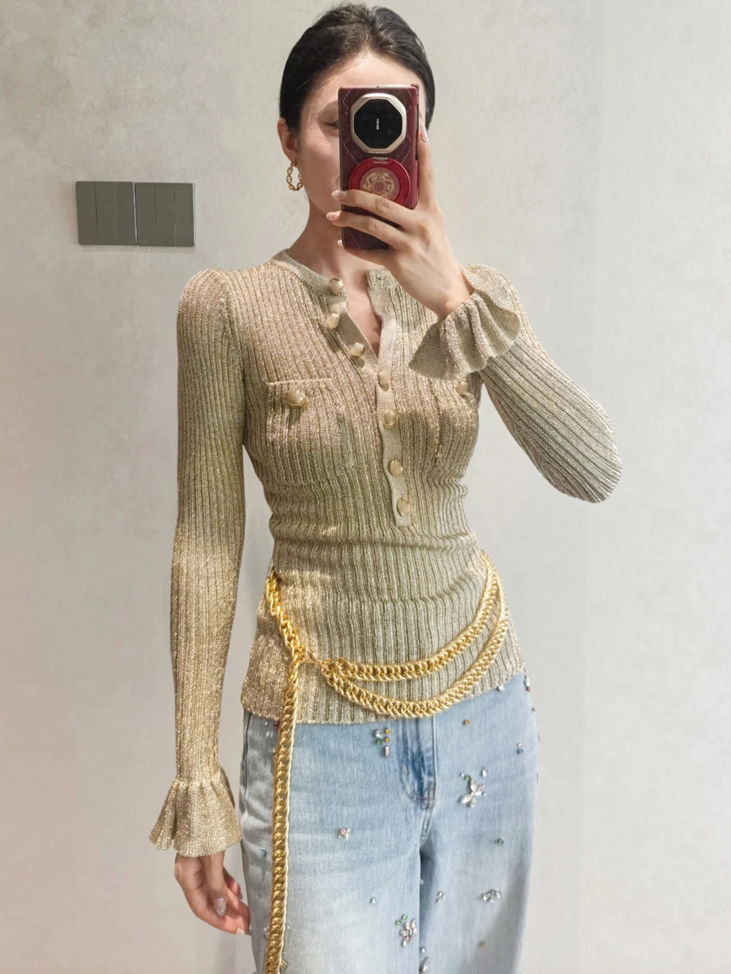 High-End Women's Knitted Top with Belt And Flared Sves for Autumn Winter Simple Commute Sle Medium Softn Long Sve - AliExpress Sweaters&Jumpers