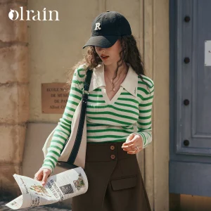 OLrain Women's Striped Sweater 2026 Autumn Polo Collar Contrast Color Embroidered Design Pullover Casual Knit Jumper O57DM86231 - AliExpress Sweaters&Jumpers