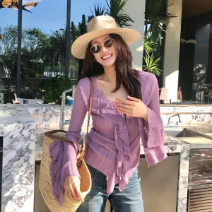 Long Sve V-Ne Knitted Top Women's Slim Fit Ele Sle Ruffle Hemline Versatile Spring Autumn Gentle Wind Ladies' Wear - AliExpress Sweaters&Jumpers