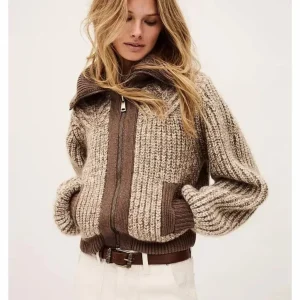 utumn/Winter Brown Puff Sleeve Ribbed Collar Zipper Cardigan - AliExpress Sweaters&Jumpers