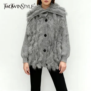 TWOTWINSTYLE Solid Loose Spliced Fur Casual Cardigans for Women Lapel Long Sleeves Patchwork Single Breasted Cardigan Female New - AliExpress Sweaters&Jumpers