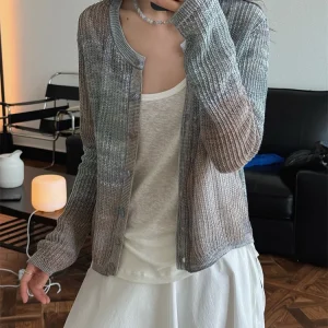 HanOrange 2025 Spring Summer Lazy Retro Dyeing Striped Knitted Cardigan Temperament Top Sweater Snow Apricot/Gray Brown Coffee - AliExpress Sweaters&Jumpers