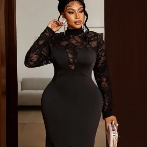 Plus Size Long Sleeve Lace Trim Fishtail Dress for Holiday Parties - AliExpress Sweaters&Jumpers