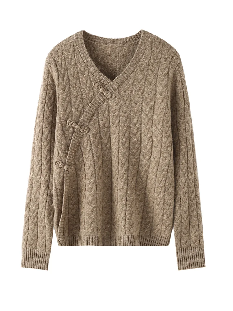 Woman Chinese Style Twisted Knot Sweater Autumn Winter 100% Cashmere Knitwear Cross V-Neck Pullover Fashion Retro Grace Clothing - AliExpress Sweaters&Jumpers