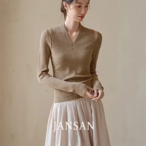 Jansan Yangzi Spun Yarn Full Wool Slim Fit Knitted Sweater Women's V-ne Hollow out Base Layer Geometric Pattern Spring 2026 - AliExpress Sweaters&Jumpers