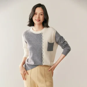 Women's 100% cashmere sweater casual color blocked knit pullover Tops loose round neck base Blouse warm Jumper pocket splicing - AliExpress Sweaters&Jumpers