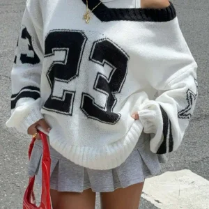 Oversized V-Neck Knit Pullover with Bold Number Print, Loose Fit Casual Sweater for Women - AliExpress Sweaters&Jumpers