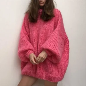 2024 New Handmade Woven Mohair Lantern Sleeve Winter Sweater For Women Coarse Yarn Solid Loose Fashion Knit Pullovers Tops Woman - AliExpress Sweaters&Jumpers