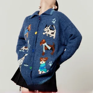 Loose Fit Blue Knitted Sweater Women's Spring New Sle Dog Pattern Color Blo Vintage Sle Open Cardigan Casual Knitwear - AliExpress Sweaters&Jumpers