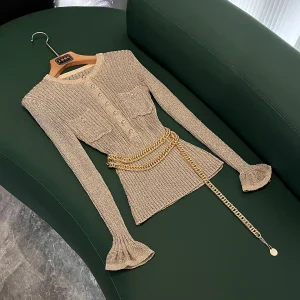 Gold  Color Women's Slim Fit Knitted Sweater round Ne Single Button Chain Design Spring 2026 Ele Sle X58 - AliExpress Sweaters&Jumpers