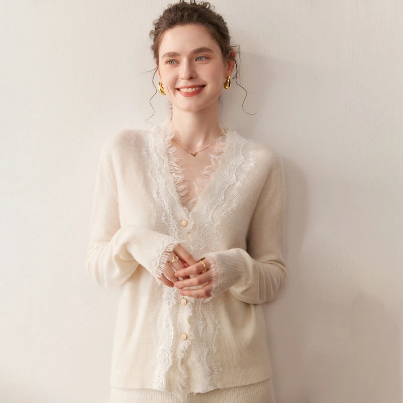 Autumn/Winter Women's 100% Pure Cashmere Cardigan Casual Solid Lace Knitted Sweater Fit V-neck Tops Warm Single breasted Jumper - AliExpress Sweaters&Jumpers