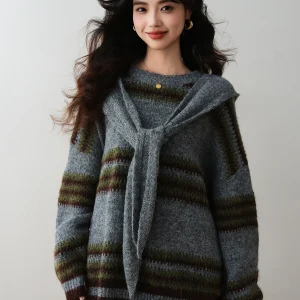 Laziness Striped round Neck Knitted Sweater with Hat Women's Loose Fit Winter Fashion Polyester Fiber Long Sleeve Top - AliExpress Sweaters&Jumpers