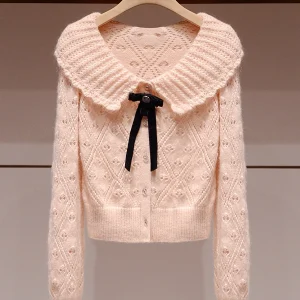 Sweet Young Doll Collar  Knot Hollow out Knitted Top Women's Faion Spring New Sle JOOva Commute Ele Slim Fit - AliExpress Sweaters&Jumpers