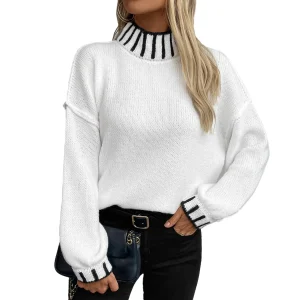 Autumn and winter new cross-border striped pullover turtleneck sweater women's loose large size knitted sweater top women - AliExpress Sweaters&Jumpers