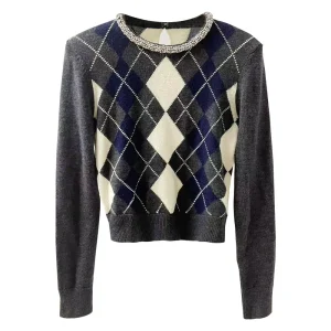 2026 New Women Round Neck Diamond-patterned Short Knit Top - AliExpress Sweaters&Jumpers