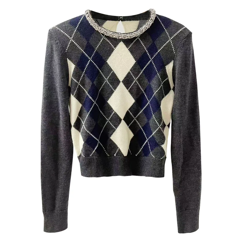 2026 New Women Round Neck Diamond-patterned Short Knit Top - AliExpress Sweaters&Jumpers