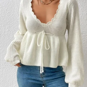 Cream Solid Deep V-Neck Ribbed Knit Sweater with Ruffled Trim and Drawstring Waist - AliExpress Sweaters&Jumpers