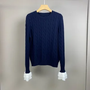 2025 Autumn/Winter New Color-Blocked Lace-Sleeve Round Neck Pure Wool Knit Sweater - Stylish, Casual, And Elegant - AliExpress Sweaters&Jumpers