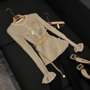 Ele Sle Slim Fit Knitted Sweater Women's round Ne Single Button Chain Design Faionable Versatile Long Sve Top - AliExpress Sweaters&Jumpers