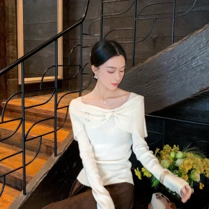 Binguo Pearls  Knitted Sweater Women's Soft Sle Personali Rice Milk White Knitted Top Ele Faionable - AliExpress Sweaters&Jumpers