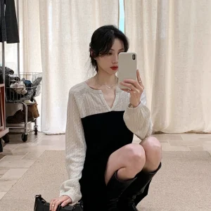 Korean Sle All Wool Sweater Women's Spring New Design Slimming Trendy Top Bla White Splicing Wide Ne Long Sve Knitwear - AliExpress Sweaters&Jumpers