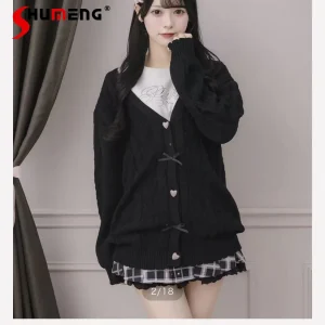 Japanese Style Sweet V-neck Long-sleeve Heart Bow Single-breasted Versatile Casual Knitted Cardigan Jacket for Women Spring 2026 - AliExpress Sweaters&Jumpers