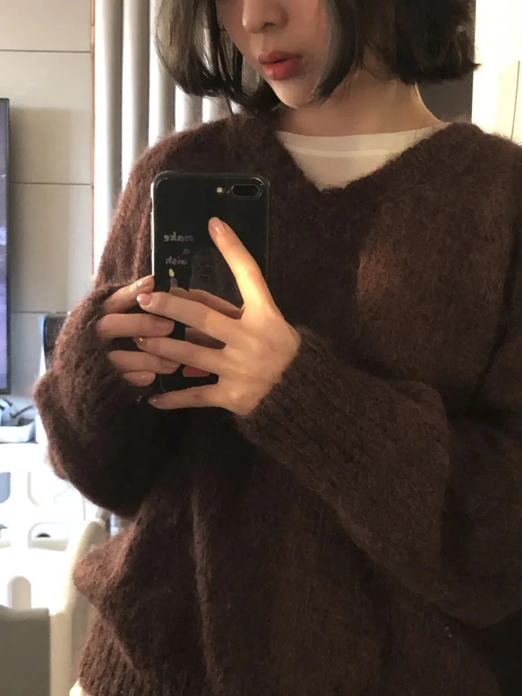 Knitted Sweater Women's Loose V-Neck Soft Fluffy Comfortable Lazy Style Top Multi-Color Loose Fit Girls Winter Fashion - AliExpress Sweaters&Jumpers