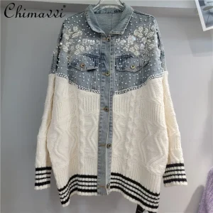 Heavy Diamond Loose Denim Patchwork Sweater Autumn and Winter New Fashion Long Sleeve Streetwear Women's Cardigan Jacket - AliExpress Sweaters&Jumpers