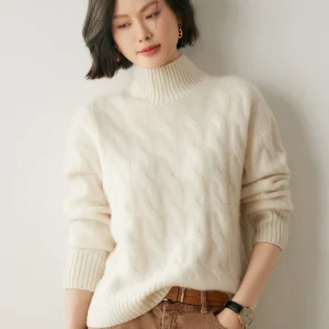 New Chic Women 100% Cashmere Sweater Cable Knitting Mock Neck Long Sleeve Pullover Autumn Winter Thick Soft Clothing Tops - AliExpress Sweaters&Jumpers