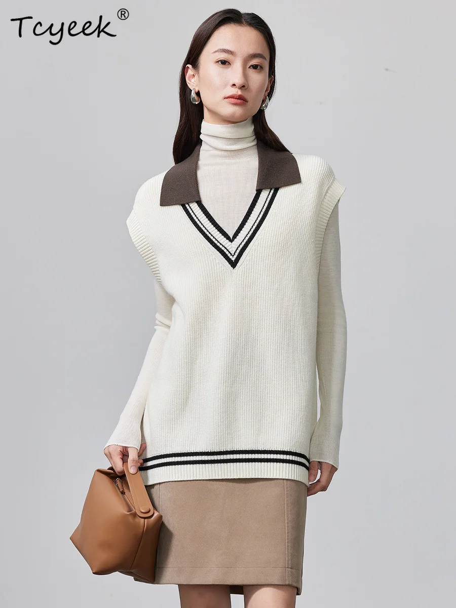Tcyeek, 58%Sheep Wool Machine Washable Vest, Women Sleeveless, Preppy Style Casual Loose Sweater, 2024 Autumn Winter T48734QM - AliExpress Sweaters&Jumpers