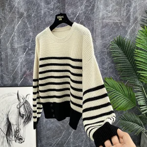 Fashionable High Street Style Women's Pure Wool Knitwear Navy Stripes Base Layer Sweater Button down Lazy Style Commute Wind - AliExpress Sweaters&Jumpers