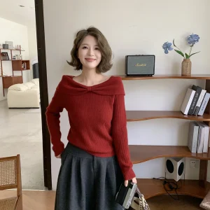 Ele oulder Bared Knitwear ELINSU Women's Autumn Winter Sweater with  Knot Loose Fit Long Sve One Word Collar - AliExpress Sweaters&Jumpers