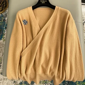 Retro V-neck Wrap Style Knitted Sweater Pure Wool Slim Fit Corn Grain Weaving Method Tea Olive Flower Embellished Knitwear - AliExpress Sweaters&Jumpers