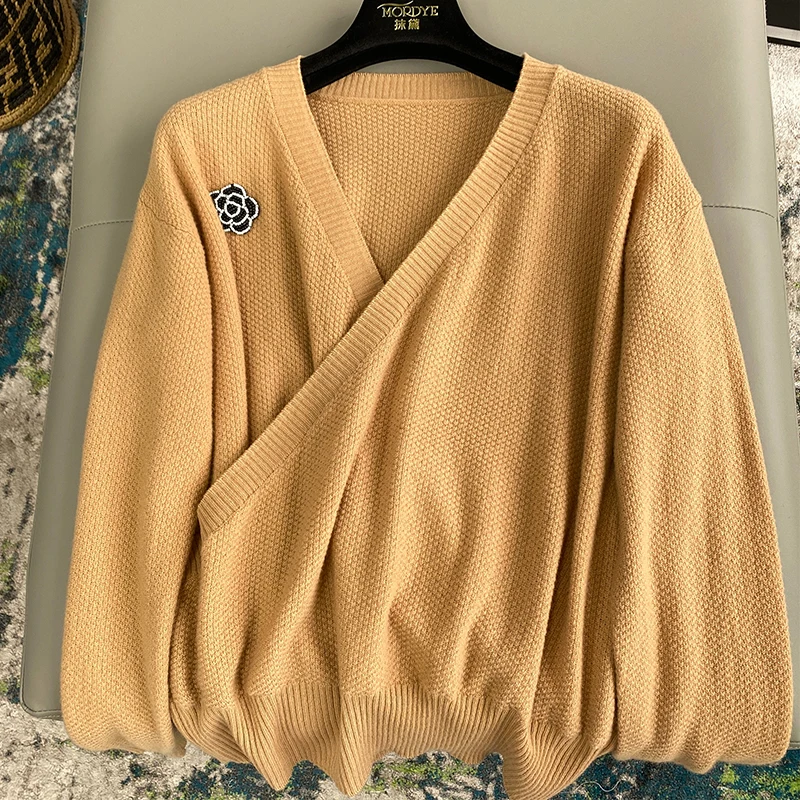 Retro V-neck Wrap Style Knitted Sweater Pure Wool Slim Fit Corn Grain Weaving Method Tea Olive Flower Embellished Knitwear - AliExpress Sweaters&Jumpers