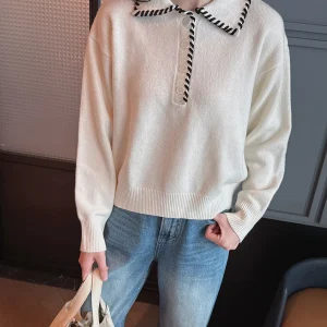 Bla White  Knitted Sweater Fine Needle Flip Collar Bright Line Coloring French Sle Loose Fit Long Sve Winter Women - AliExpress Sweaters&Jumpers