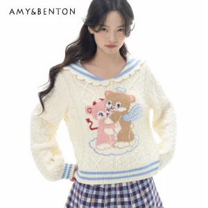 Japanese Design White Navy Collar Animal Print Women's Knitted Sweater Autumn New Plaid Striped Splicing Short Skirt Set Ladies - AliExpress Sweaters&Jumpers