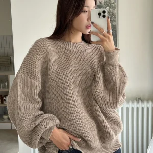 Women's Oversized Ribbed Knit Pullover Sweater, Loose Fit Round Neck, Autumn Winter Casual Wear - AliExpress Sweaters&Jumpers