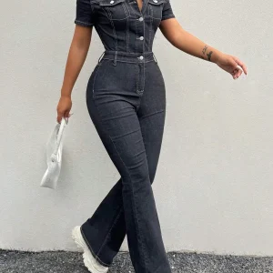 Women's Dark Denim Jumpsuit with Short Sleeves, Button Front, and Flared Legs - AliExpress Sweaters&Jumpers