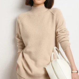 TLOML Women's 100% Cashmere Sweater Mock neck Long Sleeve Pullover Thick Soft Cashmere Knitwear Autumn Winter Loose Basic Tops - AliExpress Sweaters&Jumpers