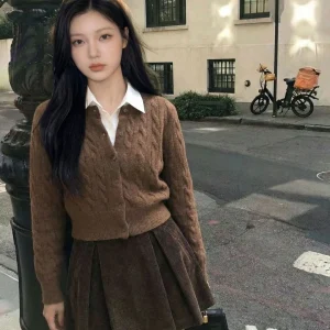 Simple Pure Color Knitted Wool Blend Cardigan Spring 2026 Women's Loose Fit Soft Warm ort Length round Ne Button up - AliExpress Sweaters&Jumpers