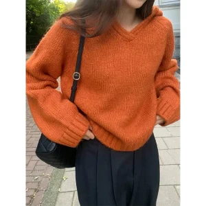 Laid-ba East Gate 26 Autumn  Color Hooded Loose Casual Long Sve Knitted Sweater Women's Sweet Sle ort Length - AliExpress Sweaters&Jumpers