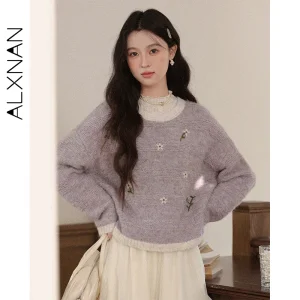 ALXNAN Women Purple Sweater Floral Embroidery Contrast Color Loose Casual Knitwear 2026 Spring Versatile Ladies Clothing L58092 - AliExpress Sweaters&Jumpers