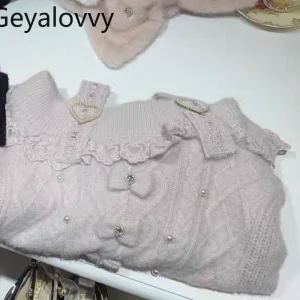 Autumn Winter Popular Off-Shoulder Long Sleeve Versatile Sweater Classic Sweet Fluffy Heart Button Bow Lace Knitted Pullover - AliExpress Sweaters&Jumpers